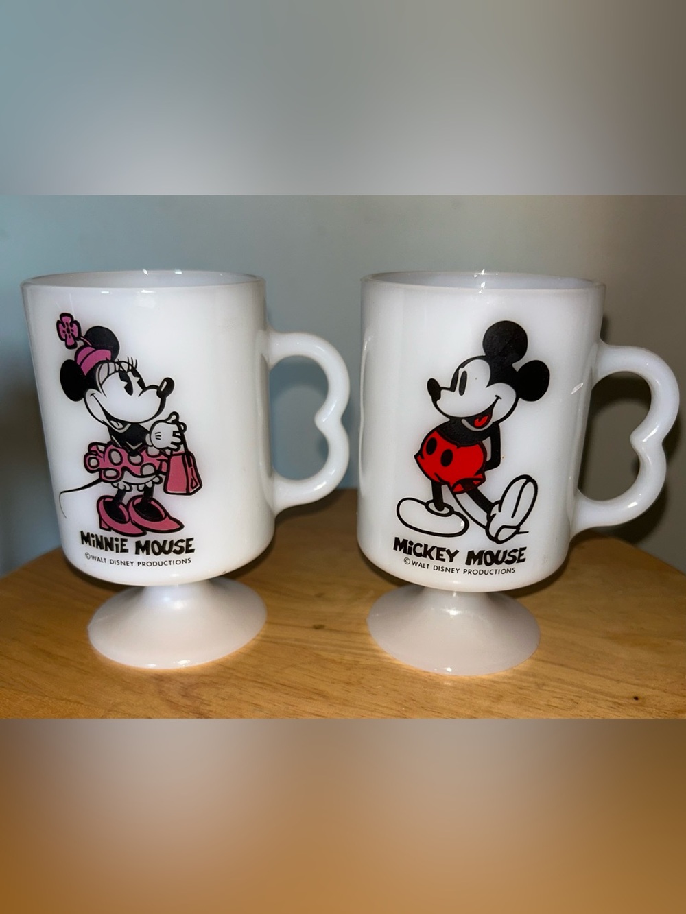 Vintage Disney Micky & Minnie Mouse Milk Glass Pedestal Mugs Made in USA